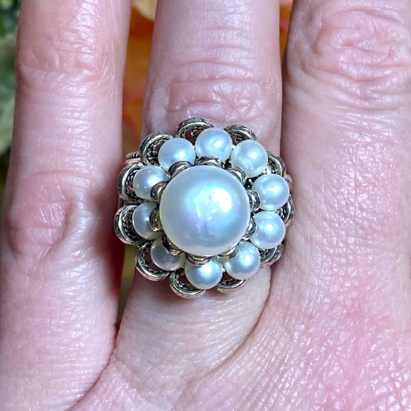 Vintage Estate Pearl Flower Cluster Ring ~ 925 Sterling Silver Antique Scroll - Picture 3 of 15